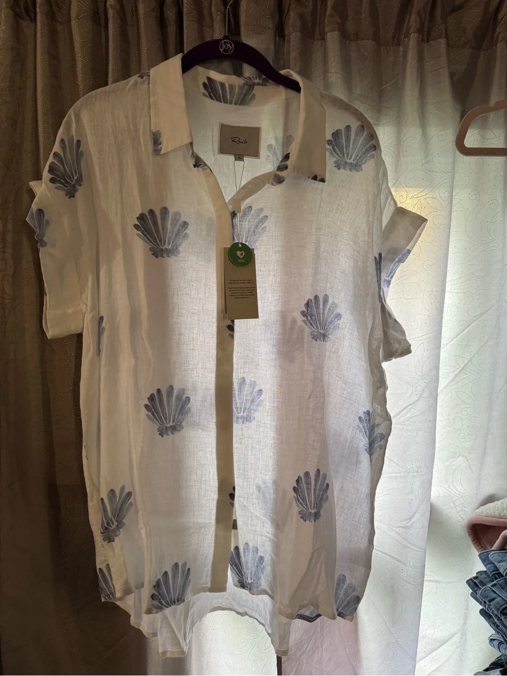 Rails White Linen Button-Down Shirt with Light Blue Shell Print